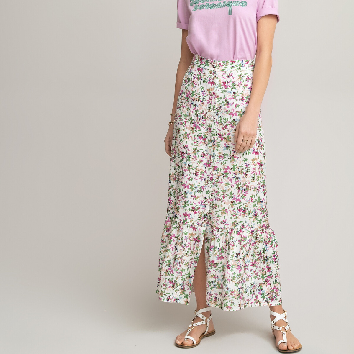 Buttoned ruffle maxi skirt in floral ...